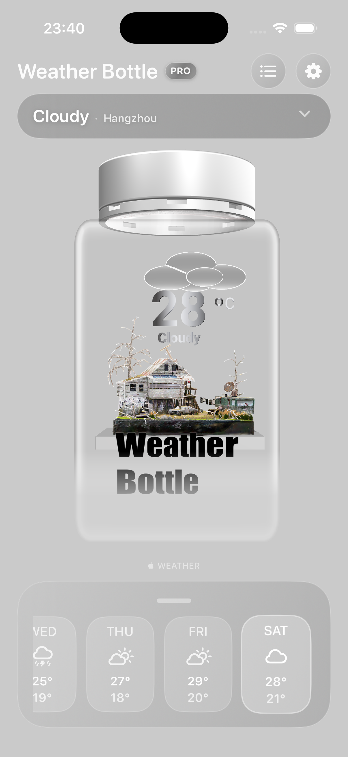 Weather Bottle app showing a cloudy 28 degree forecast for Hangzhou with a quiet village inside the bottle