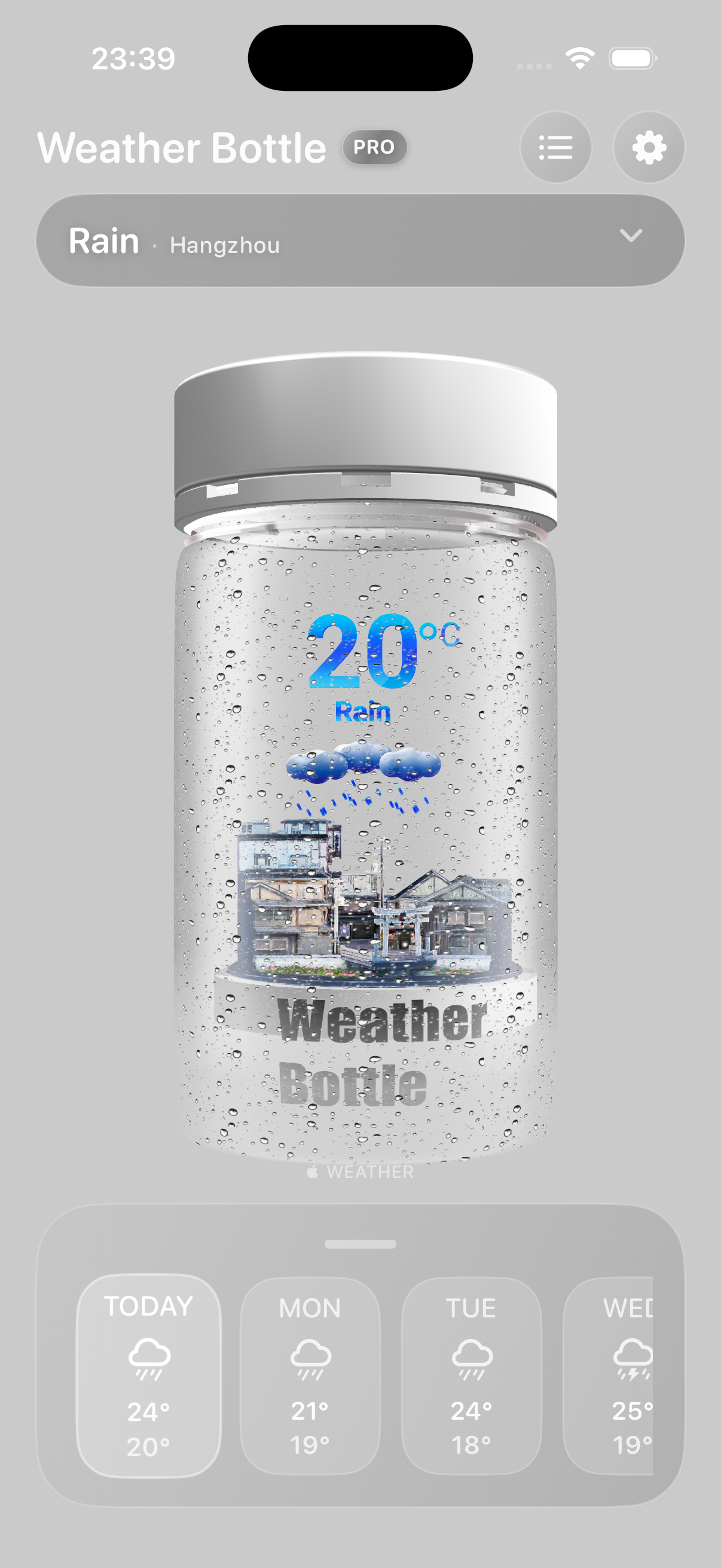 Weather Bottle app showing a rainy 20 degree forecast for Hangzhou with a rain-soaked town inside the bottle