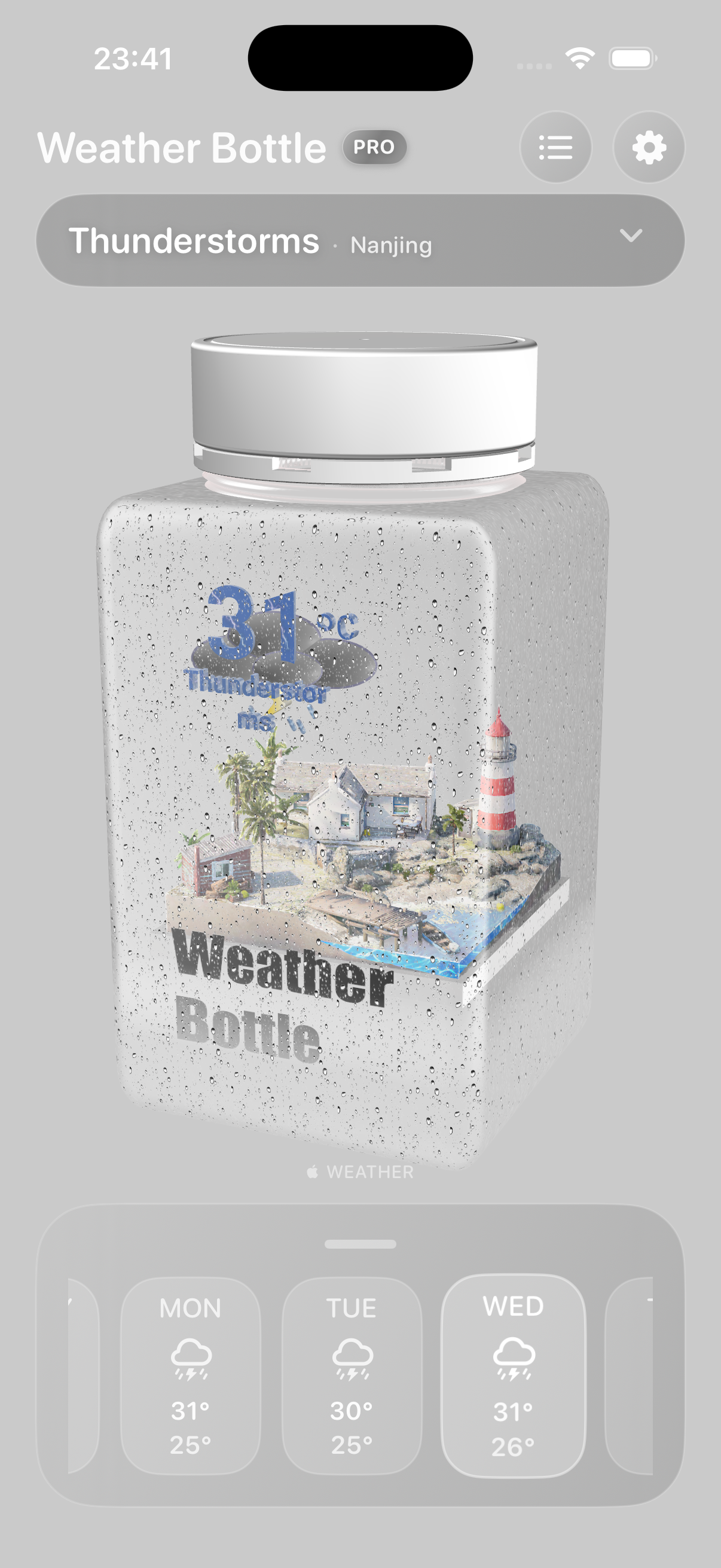 Weather Bottle app showing a 31 degree thunderstorm forecast for Nanjing with a coastal lighthouse inside the bottle