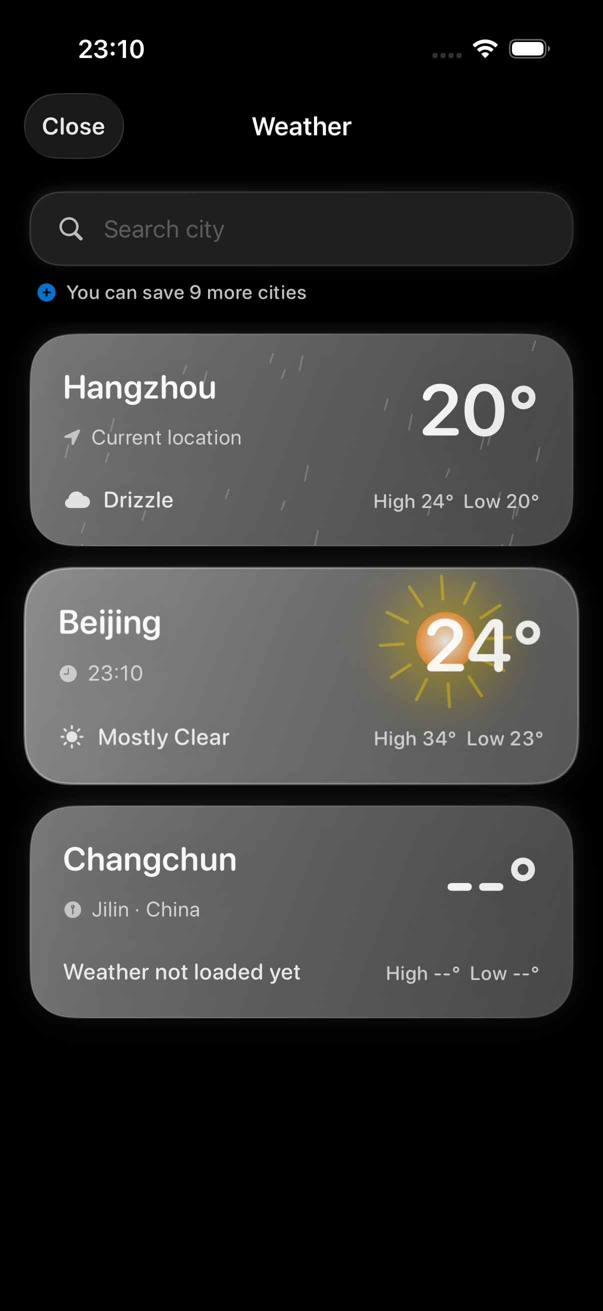 Weather Bottle saved locations list showing Hangzhou, Beijing and Changchun