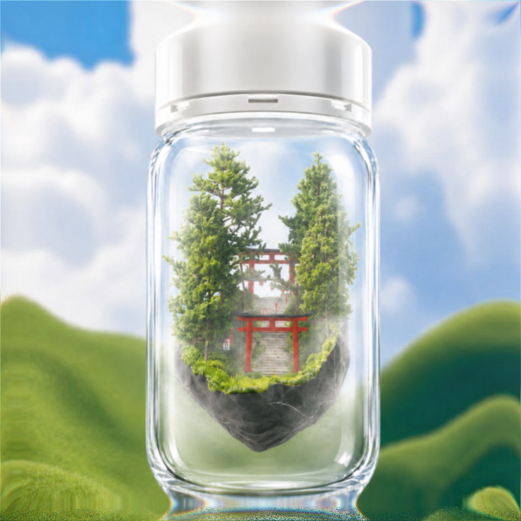 A glass Weather Bottle containing a green shrine scene against a bright cloudy sky
